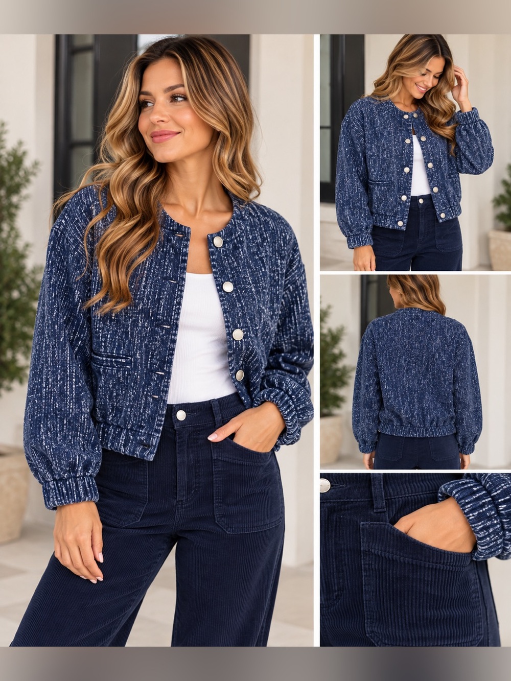 B Young Dark Blue Denim Navy & White Textured Button-Front Jacket NWT 36